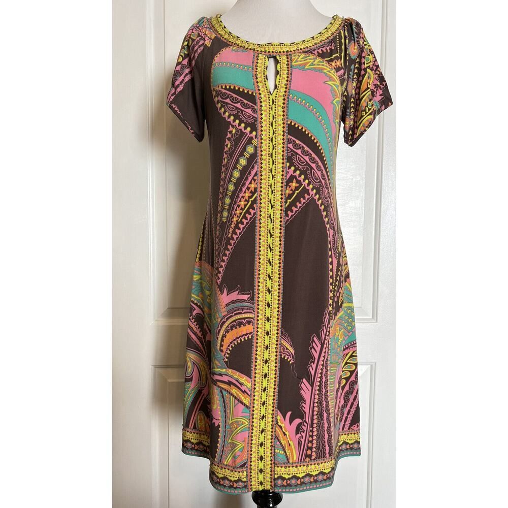 ECI NEW YORK Short Sleeve Boho Printed Sheath Dress Stretch Party Vacation 6 - Picture 2 of 9